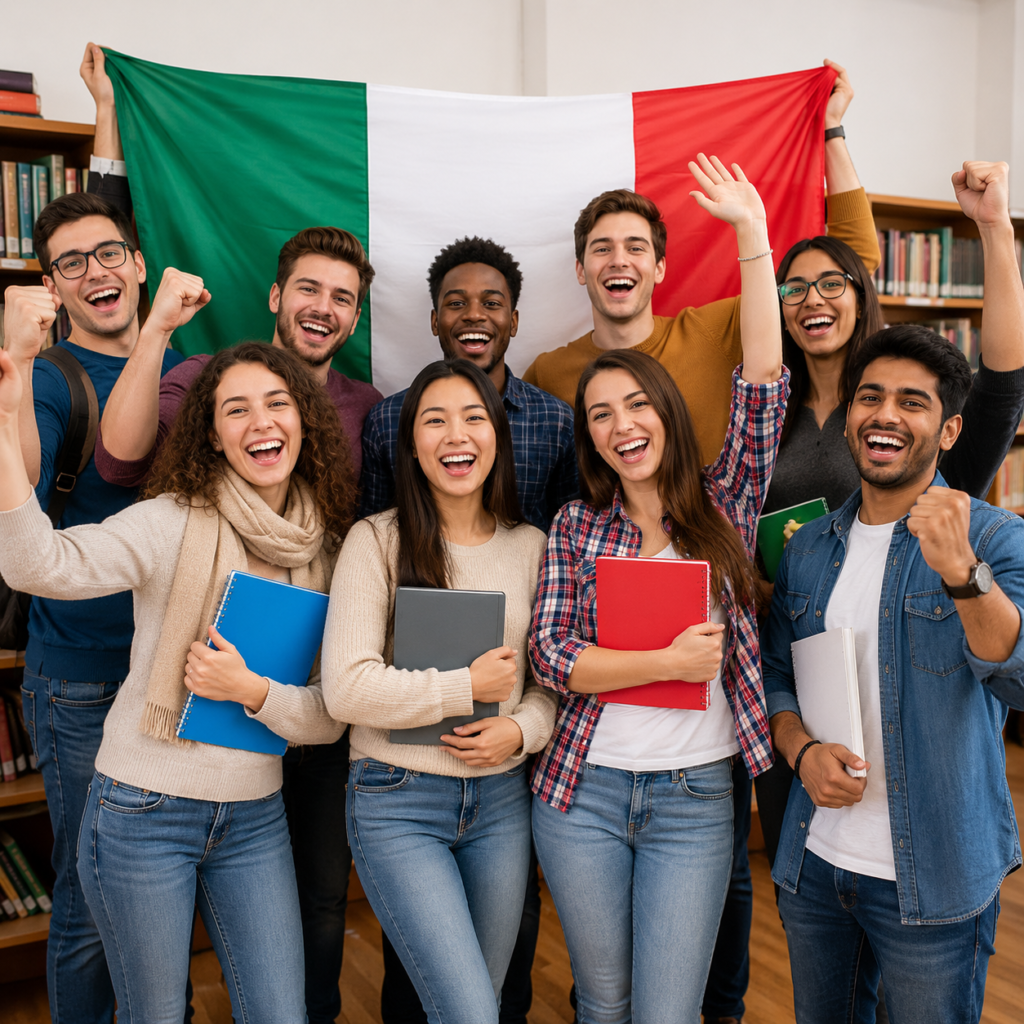 celebrating together beneath the italian flag
