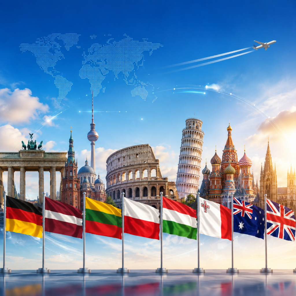 european landmarks and waving flags