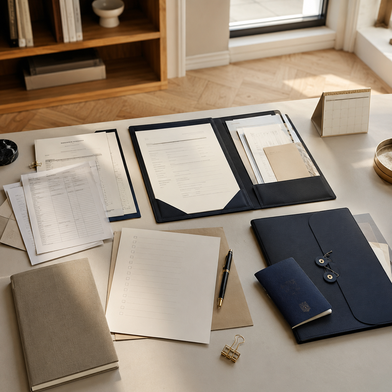 organised paperwork on a sunlit desk