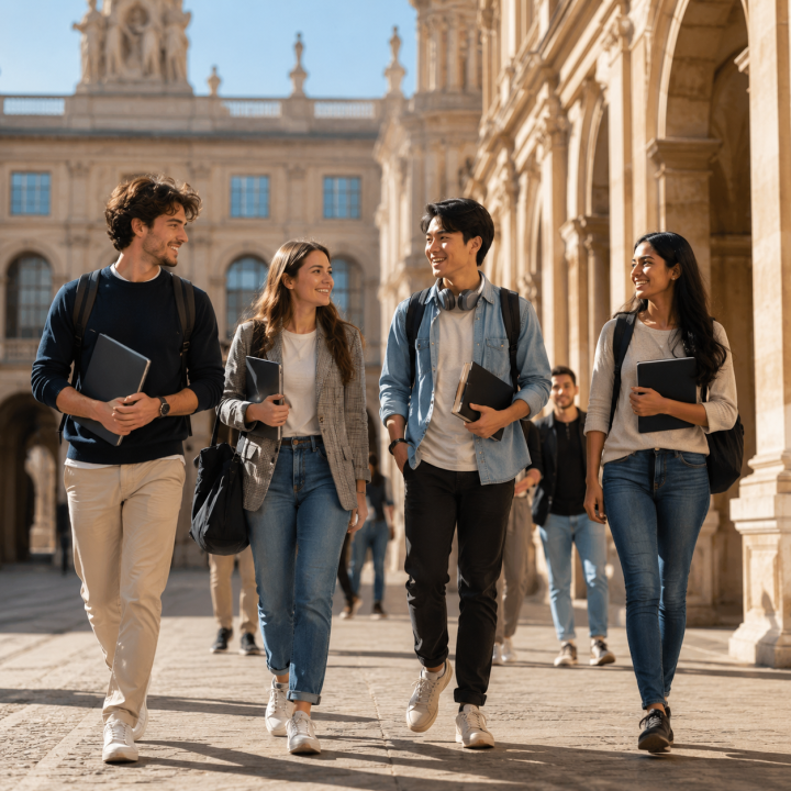 Cheerful Students at Historic Campus